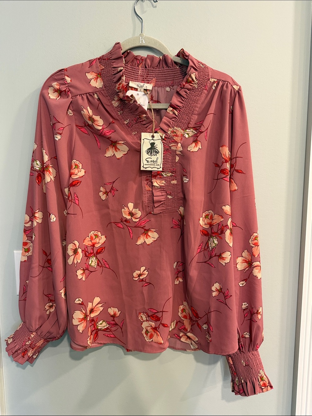 Easel Pink Floral Ruffle-Trim Blouse